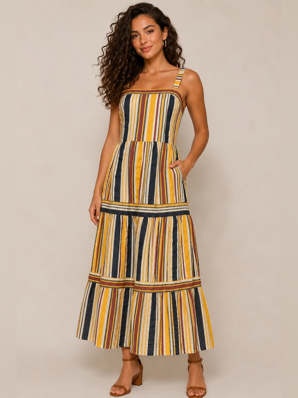 Loft Striped Yellow Multi Maxi Sundress with Pockets******Size: 4P